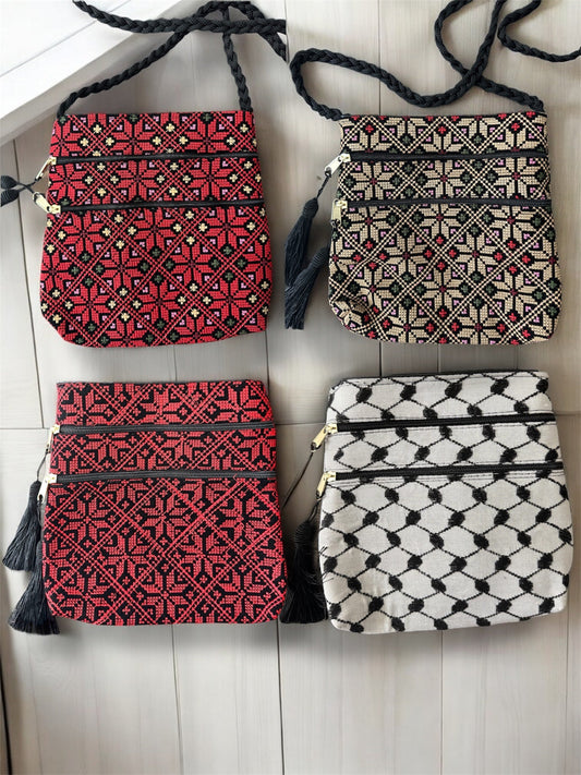 Tatreez Kufiya Shoulder Pouch - Handcrafted Double-Sided Embroidery with 3 Zipper Compartments | Made in Jordan by Palestinians