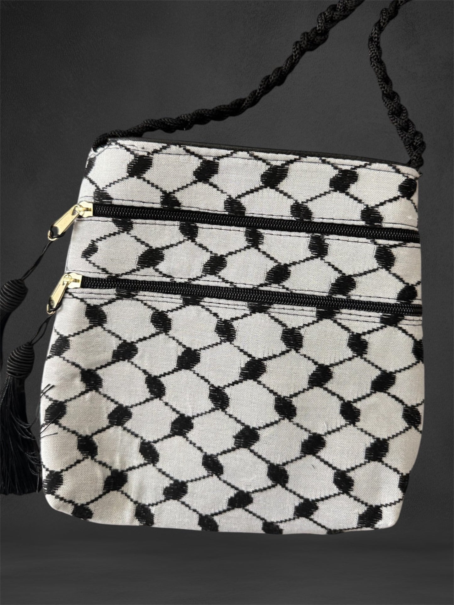 Tatreez Kufiya Shoulder Pouch - Handcrafted Double-Sided Embroidery with 3 Zipper Compartments | Made in Jordan by Palestinians