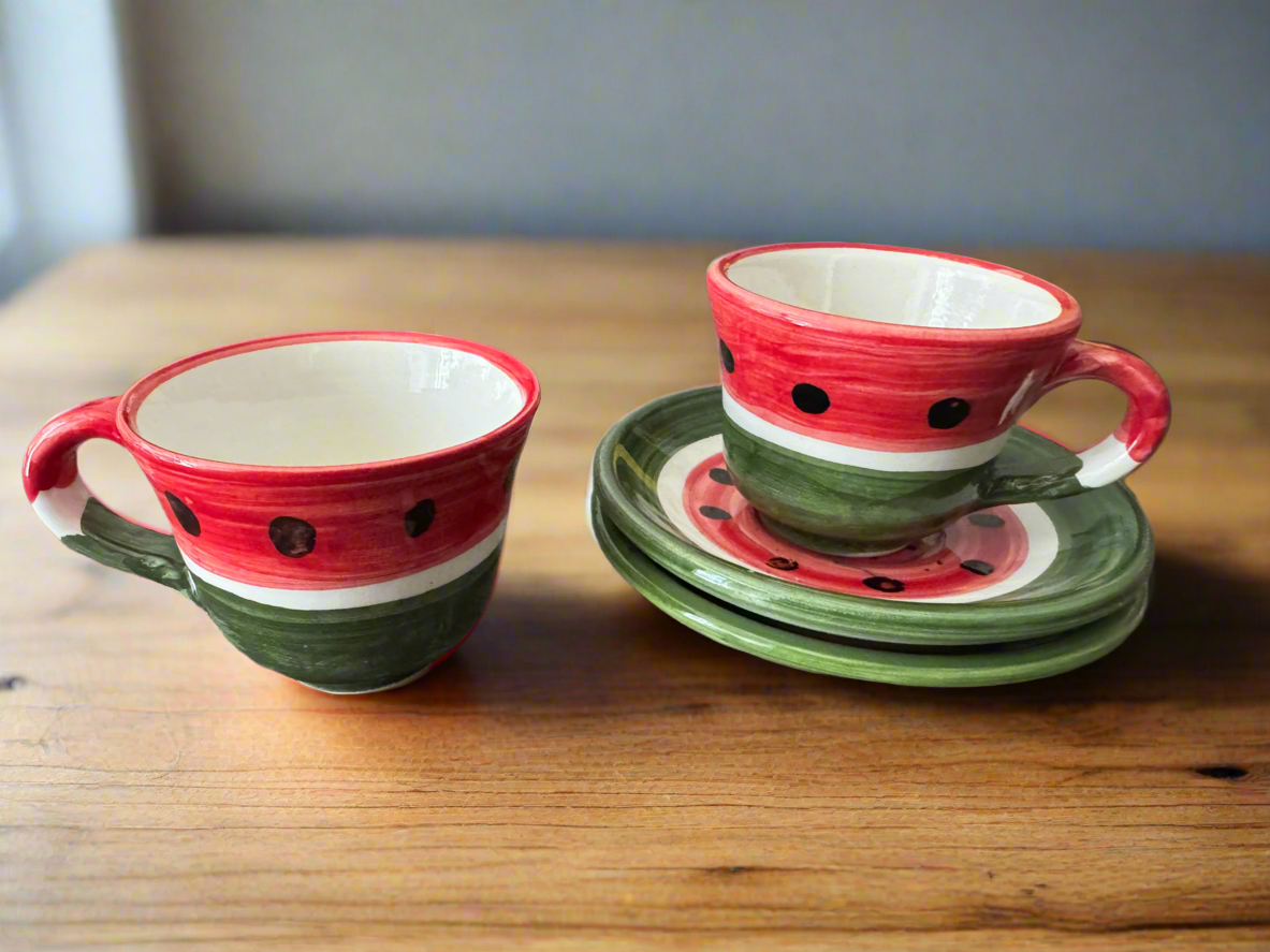 Coffee Cups – Sada & Helweh - Watermelon Design | Hand-Painted Palestinian Ceramic
