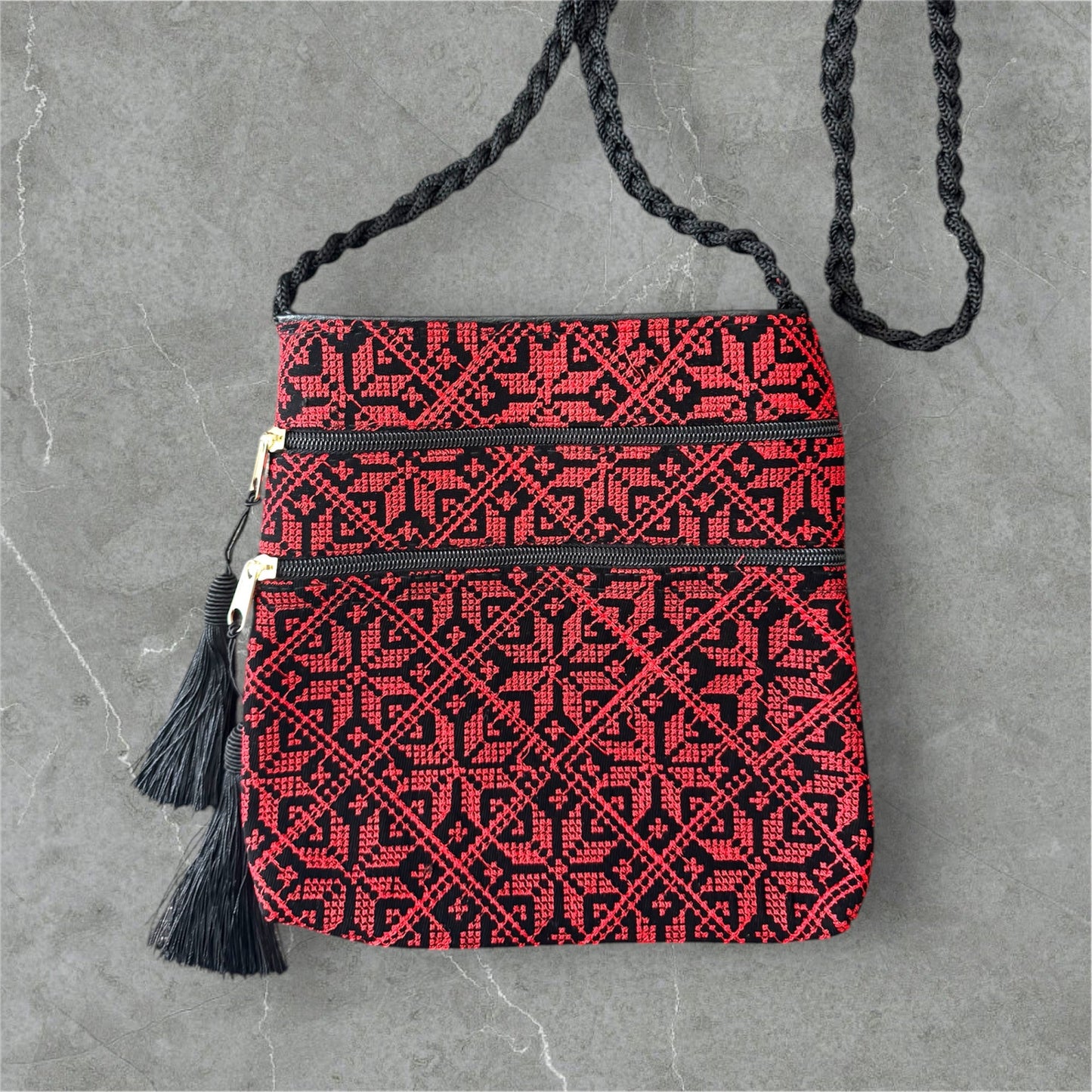 Tatreez Kufiya Shoulder Pouch - Handcrafted Double-Sided Embroidery with 3 Zipper Compartments | Made in Jordan by Palestinians