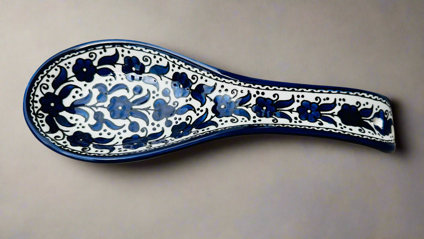 Spoon Rest – Hand-Painted Palestinian Ceramic | Multicolor & Navy