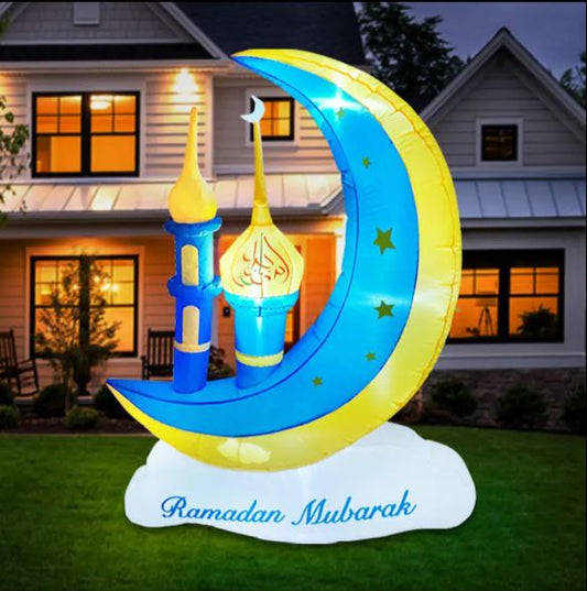 5FT inflatables Ramadan decoration yellow and bule moon with castle with bulid-in led light