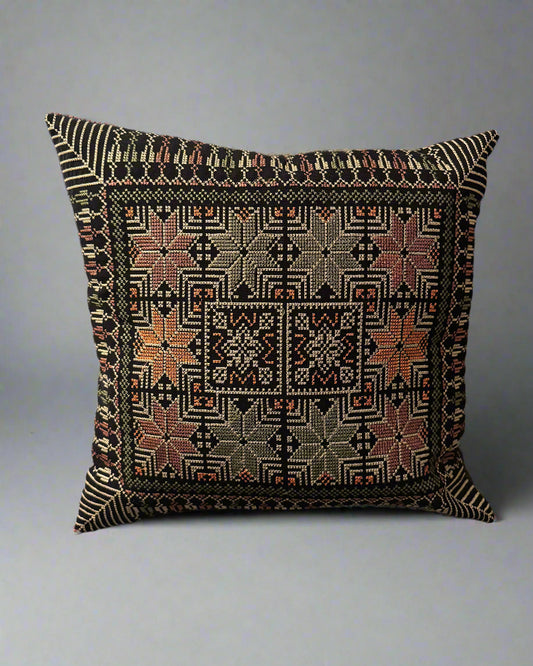 Tatreez Cushion Cover - Green with Gold on Black | 16x16" Palestinian Embroidery