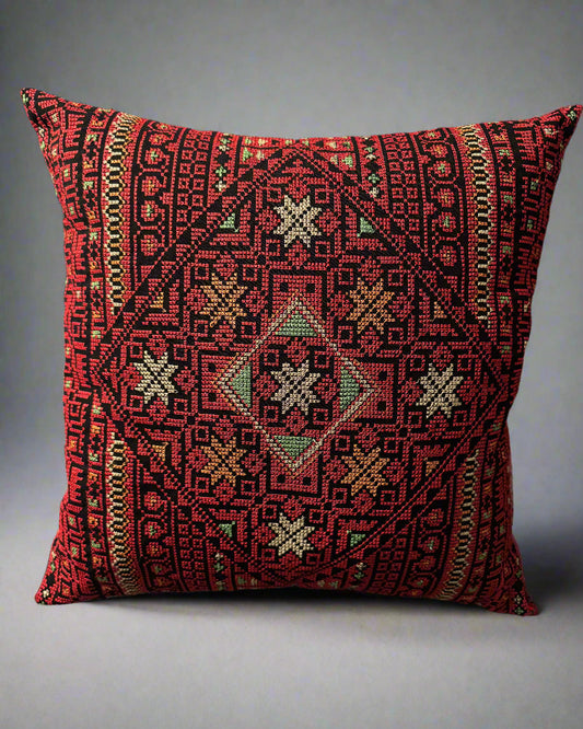 Tatreez Cushion Cover - Red with Multicolor Stars on Black | 16x16" Palestinian Embroidery