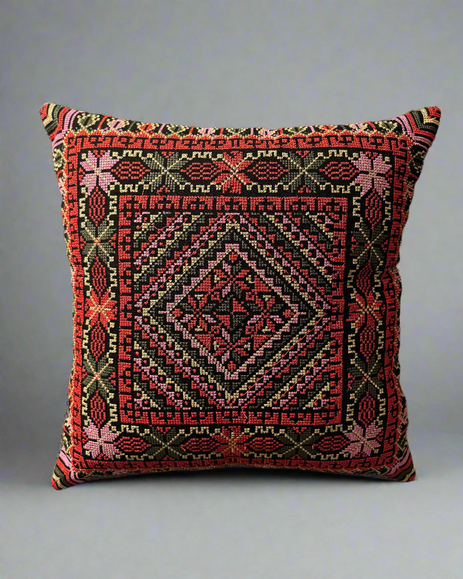 Tatreez Cushion Cover - Red with Green | 16x16" Palestinian Embroidery