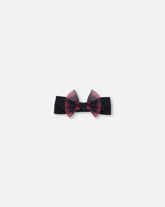 Headband With Tulle Bow Black Buffalo Plaid