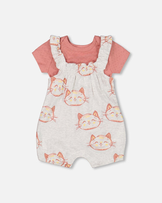 Organic Cotton Pointelle Knit Onesie And Shortall Set Heather Beige With Printed Cat