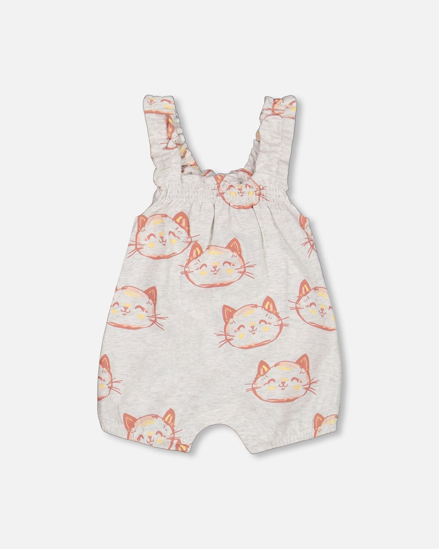 Organic Cotton Pointelle Knit Onesie And Shortall Set Heather Beige With Printed Cat