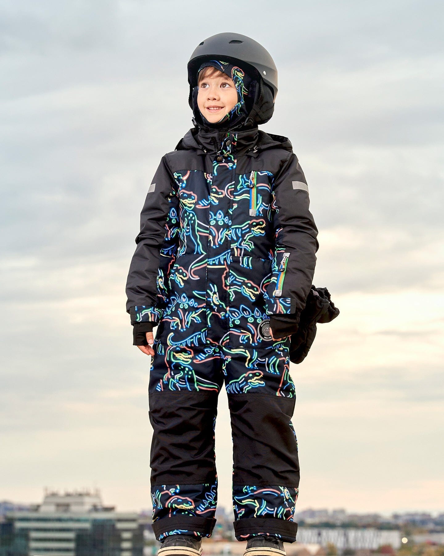 One Piece Snowsuit Black Printed Dinos