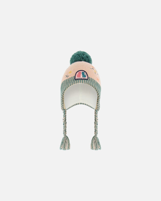 Peruvian Knit Hat Light Pink, Sage Green And Flowers