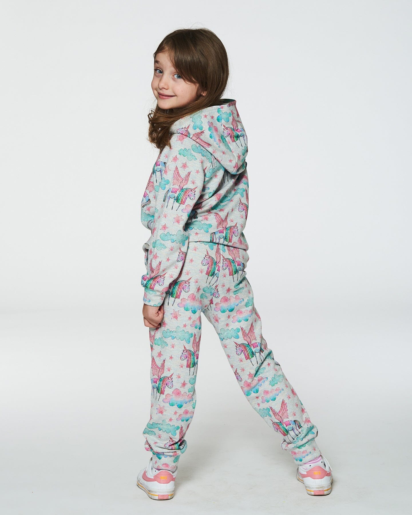 Shiny French Terry Sweatpants Gray Mix Printed Unicorn