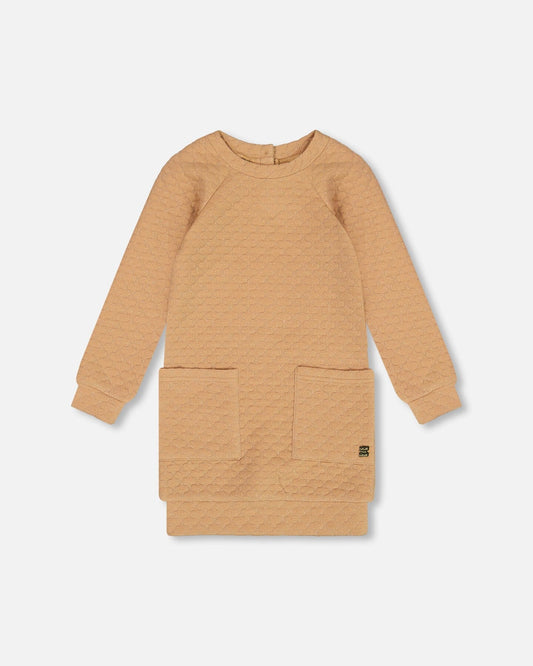 Long Sleeve Shiny Quilted Dress With Pocket Golden Brown