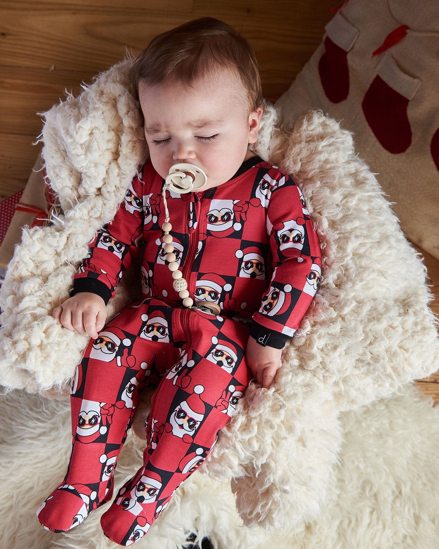Organic Cotton One Piece Pajama Red Printed Santa