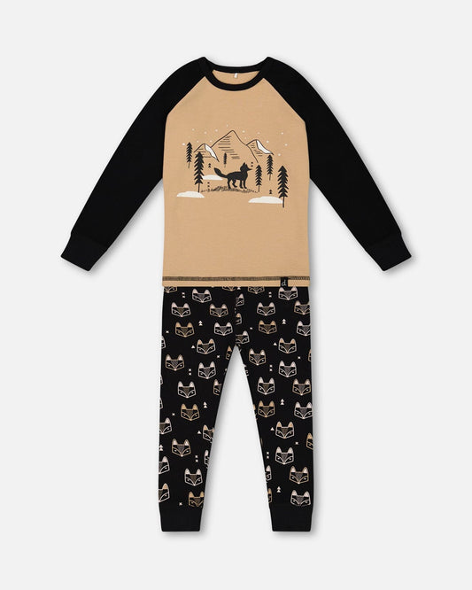 Organic Cotton Two Piece Pajama Set Black Printed Fox