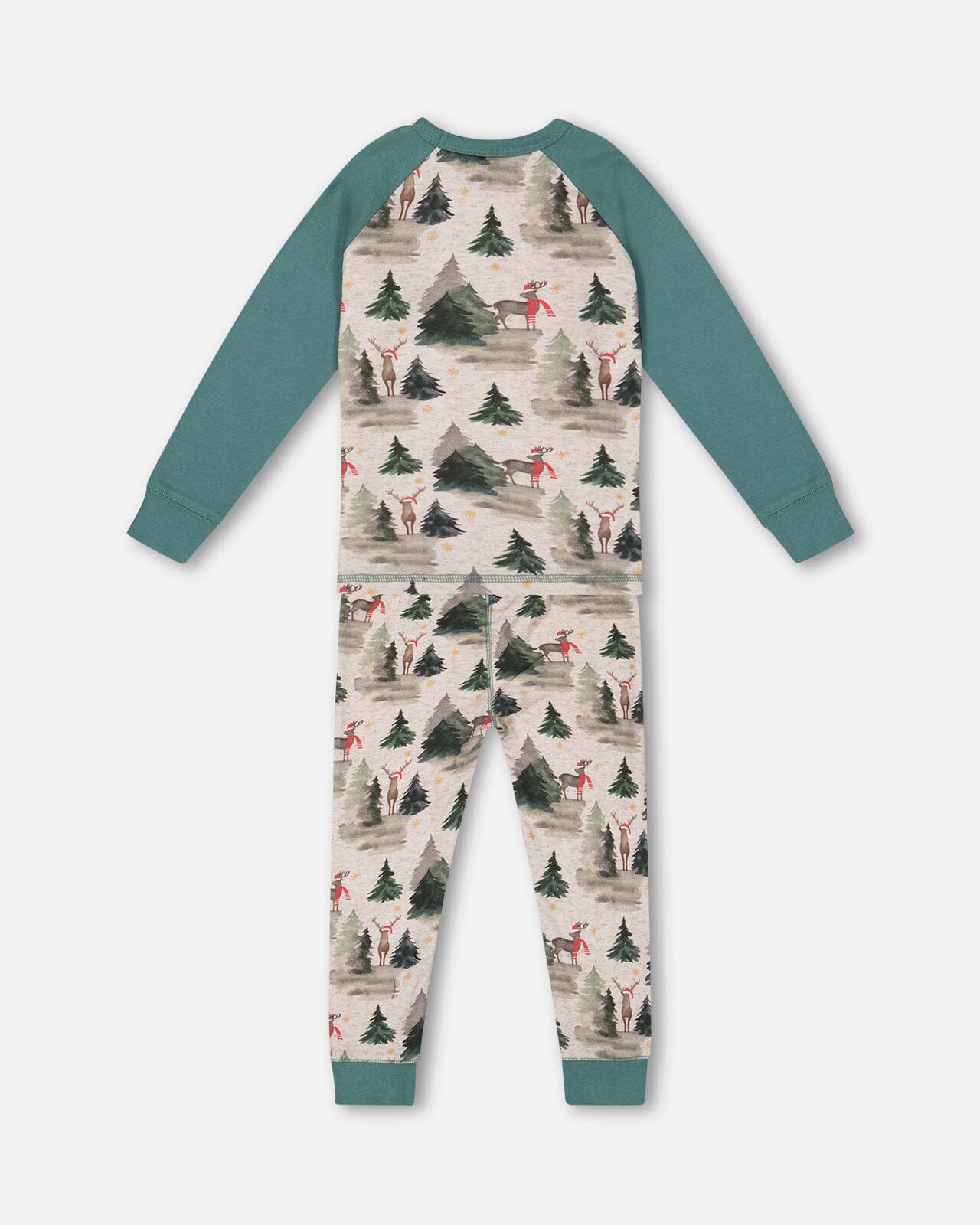 Organic Cotton Two Piece Pajama Set Gray Mix And Green Printed Reindeer