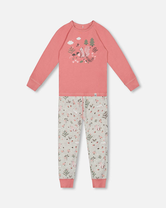Organic Cotton Two Piece Pajama Set Beige Mix Printed Squirrel