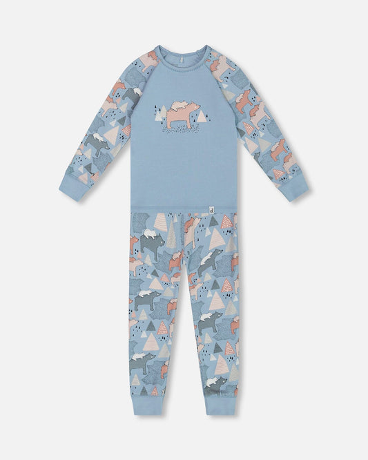 Organic Cotton Two Piece Pajama Set Air Blue Printed Mama Bears