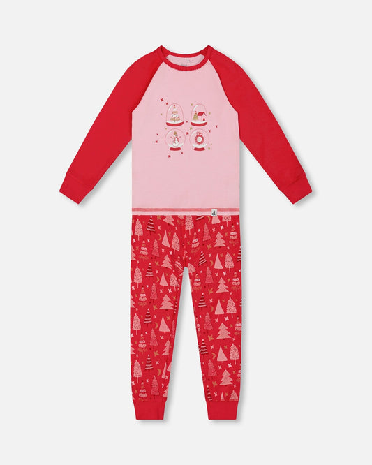 Organic Cotton Two Piece Pajama Set Red Printed Christmas Tree