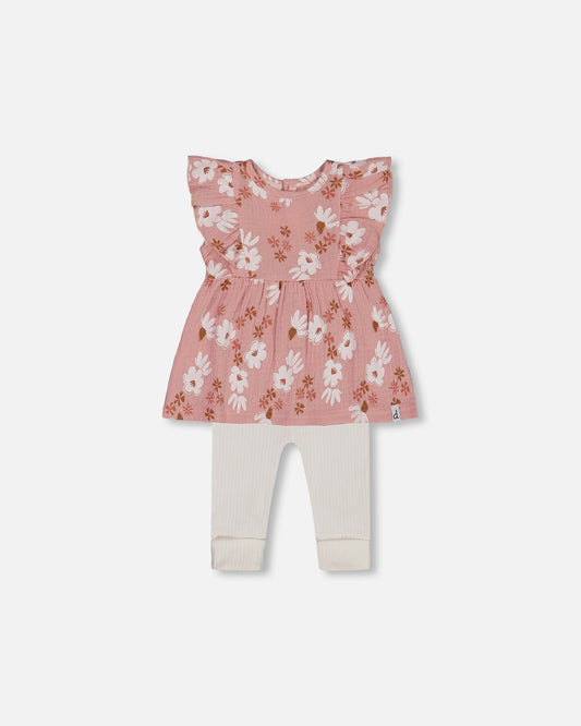 Printed Muslin Tunic And Rib Leggings Set Pink And White Flowers