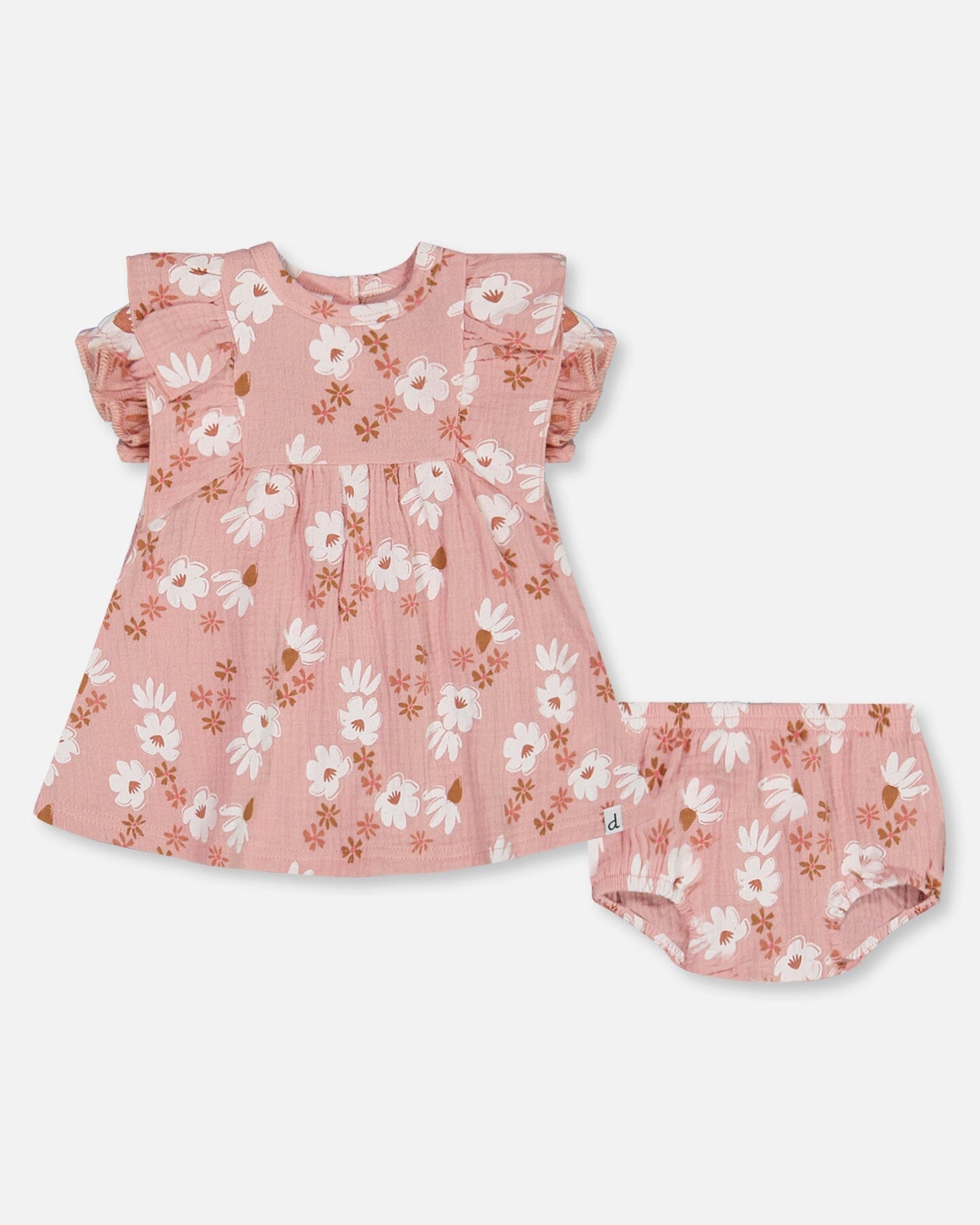 Printed Muslin Dress And Bloomer Set Pink And White Flowers