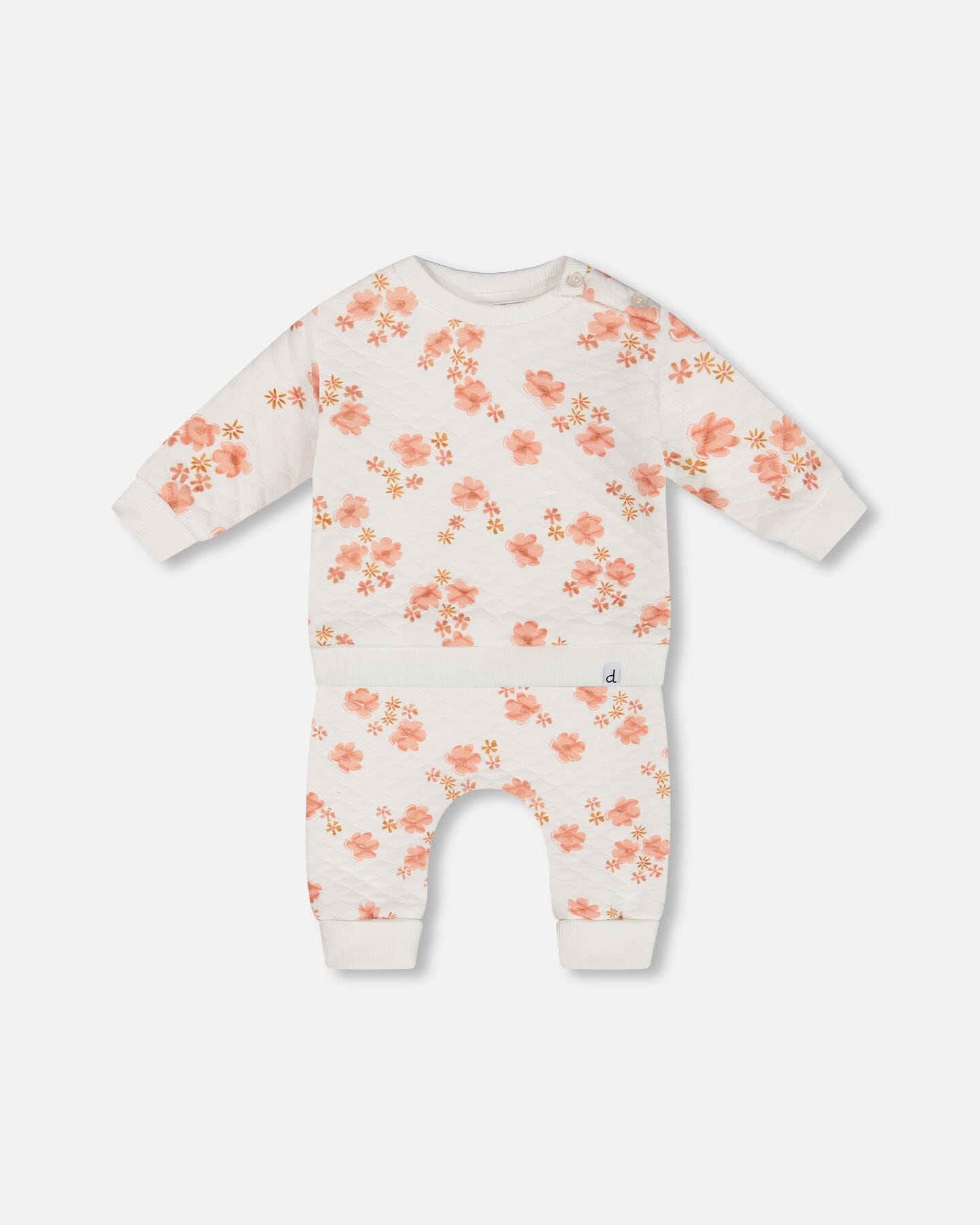 Printed Quilted Top And Pant Set White And Pink Flowers