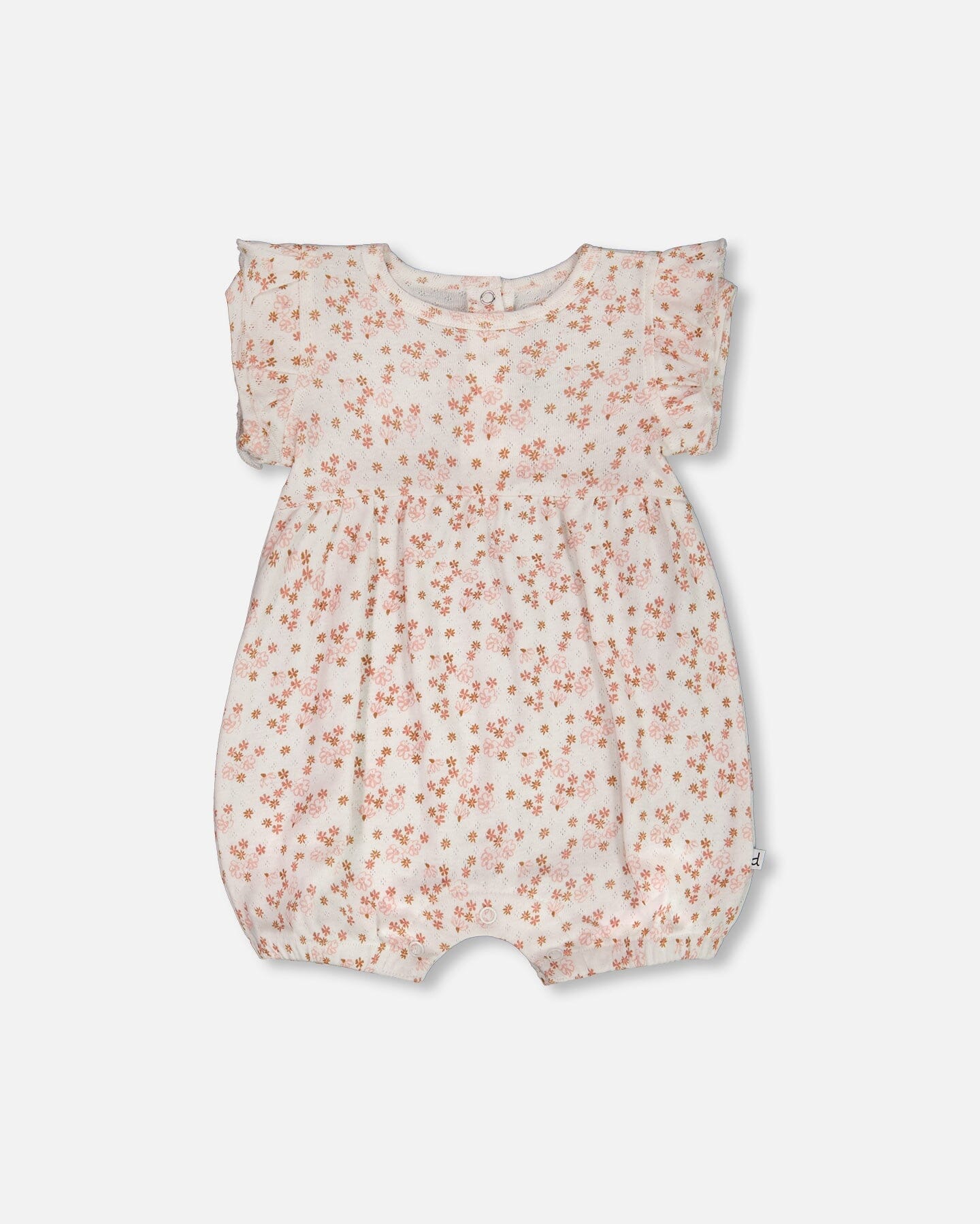 Organic Cotton Pointelle Romper With Frills Printed White And Pink Flowers