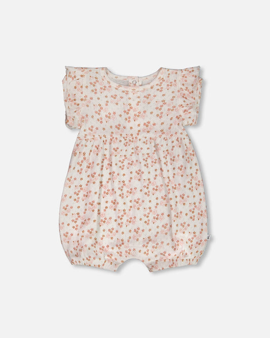 Organic Cotton Pointelle Romper With Frills Printed White And Pink Flowers