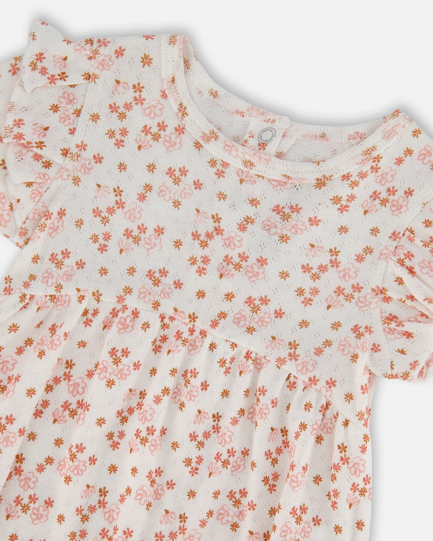 Organic Cotton Pointelle Romper With Frills Printed White And Pink Flowers