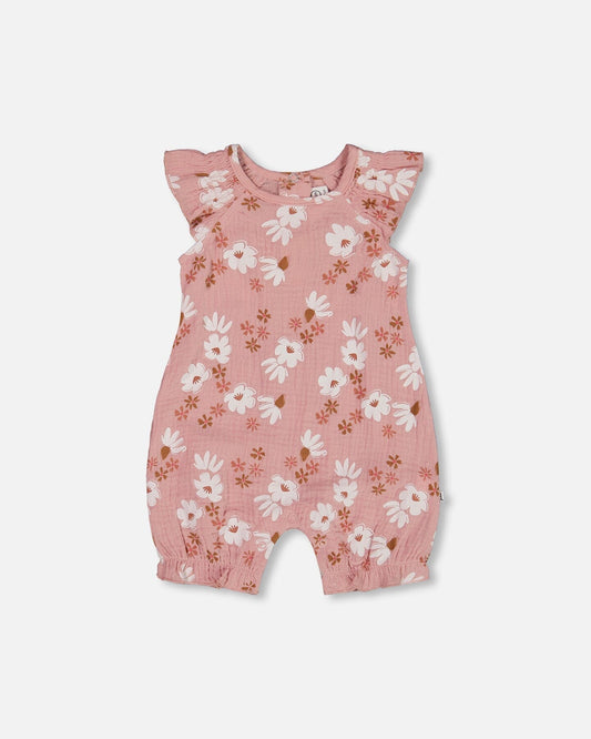 Printed Muslin Romper Pink And White Flowers