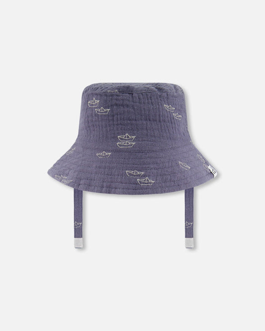 Printed Muslin Bucket Hat Navy Blue Paper Boats