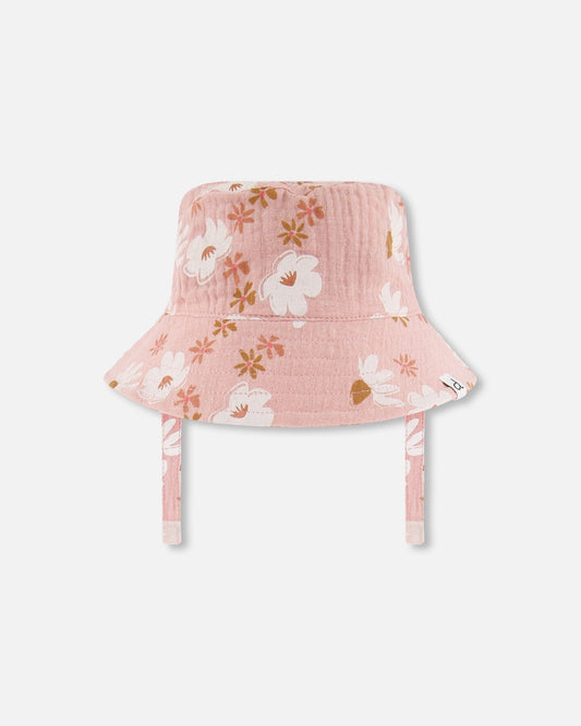 Printed Muslin Bucket Hat Pink And White Flowers