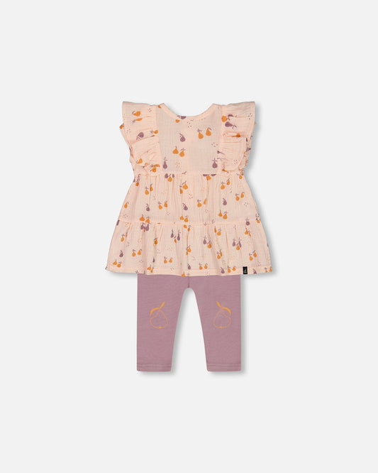 Printed Muslin Tunic And Organic Cotton Legging Set Peach With Pears And Purple