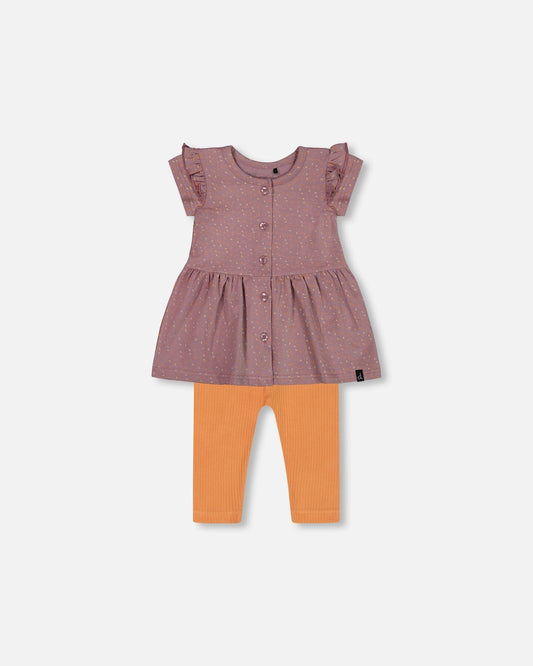 Printed Organic Cotton Dress And Solid Leggings Set Orange And Purple