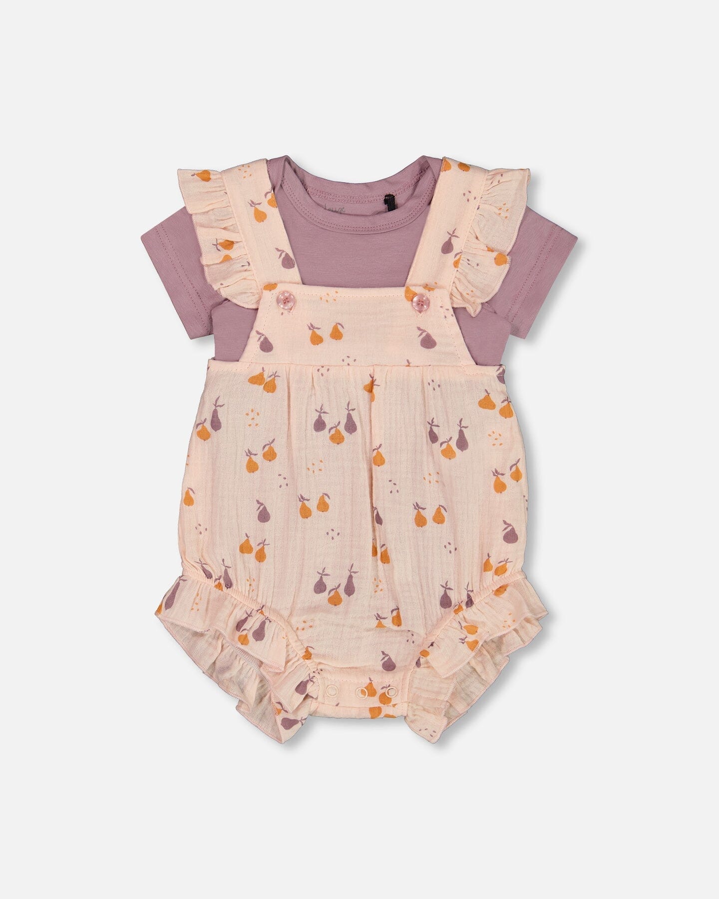 Printed Muslin Shortall And Organic Cotton Onesie Set Peach With Pears