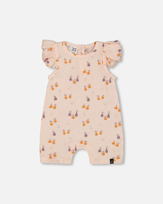 Printed Muslin One Piece Romper Peach With Pears