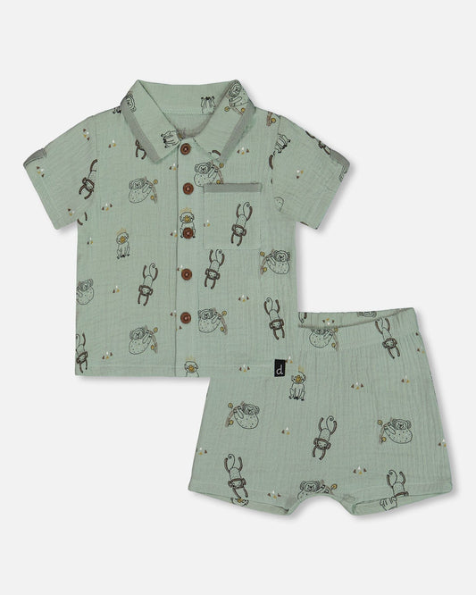 Printed Muslin Shirt And Short Set Sage Monkey