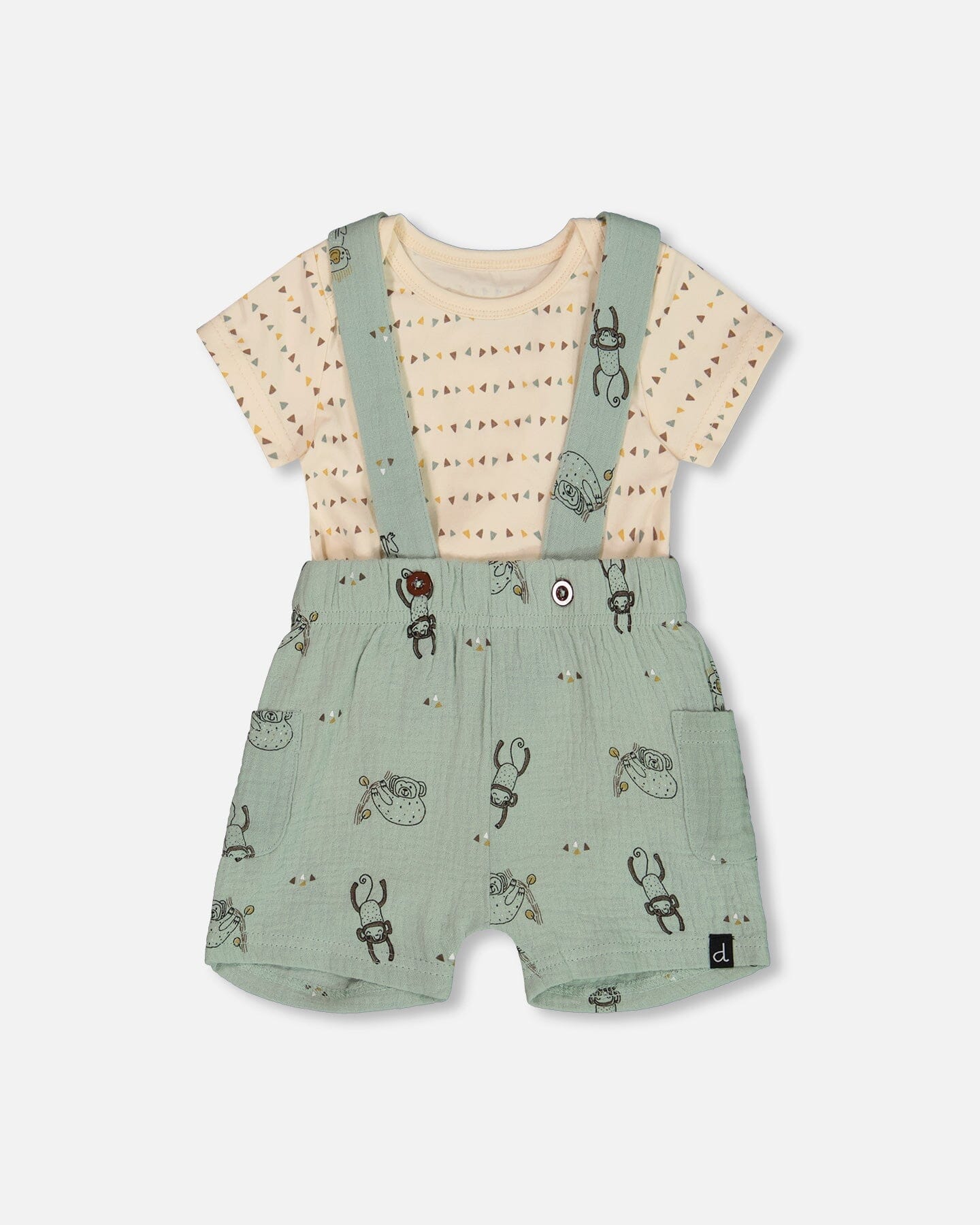 Printed Muslin Shortall And Organic Cotton Onesie Set Sage Monkey And Off-White