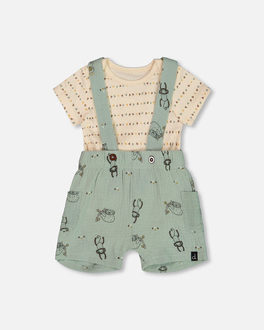 Printed Muslin Shortall And Organic Cotton Onesie Set Sage Monkey And Off-White