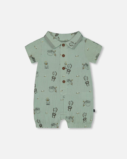 Printed Muslin Romper Sage Monkey