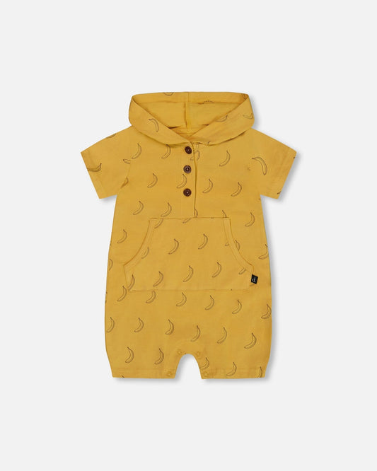 Printed Organic Cotton Hooded Romper Yellow Bananas