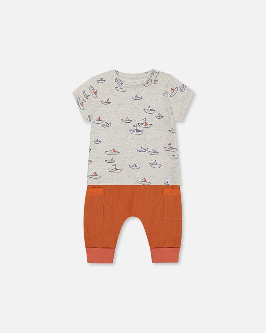 Organic Cotton Top And Muslin Pant Set Little Paper Boats And Terracotta