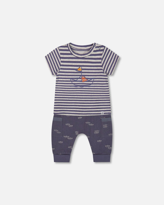 Organic Cotton Top And Muslin Pant Set Striped Navy