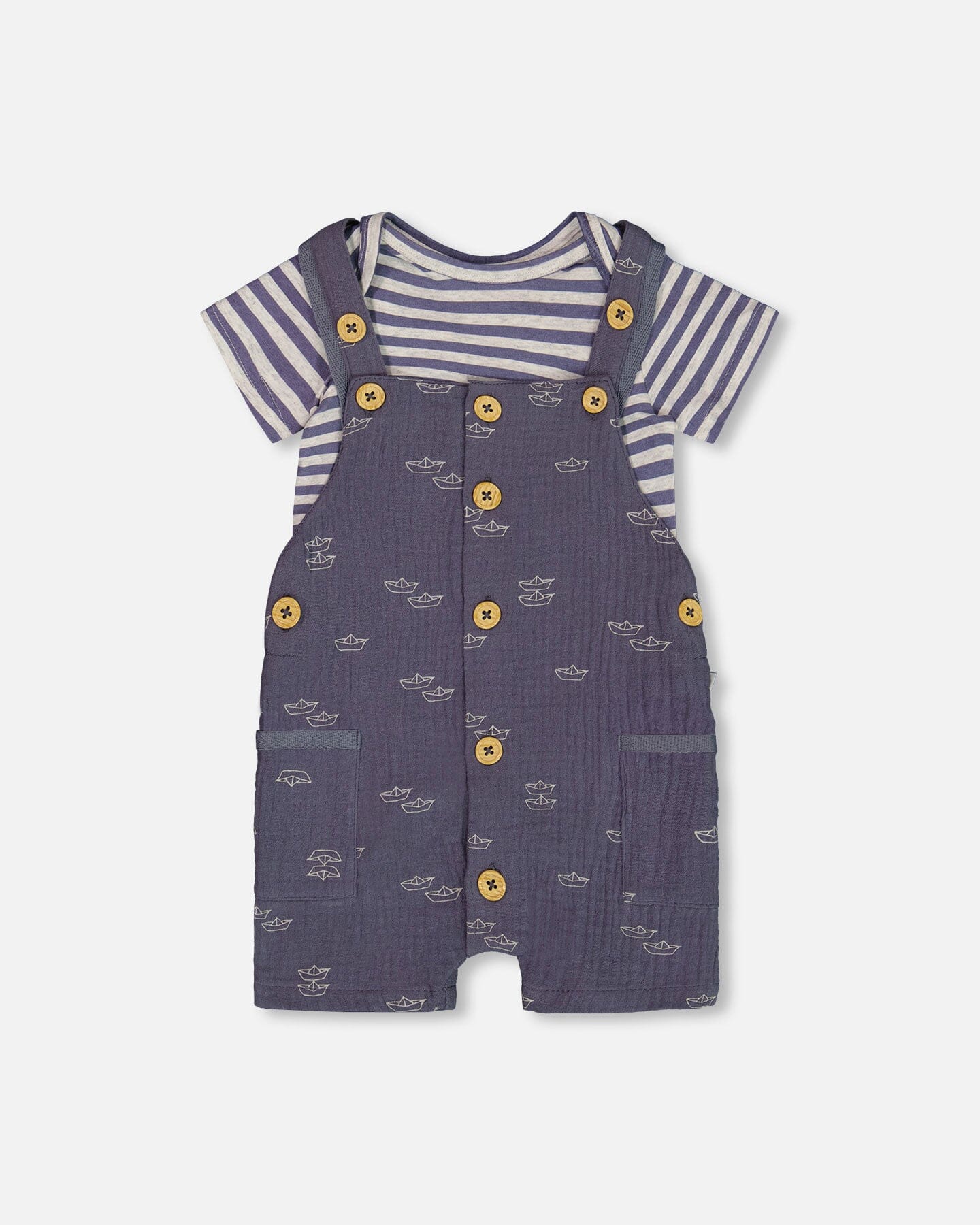 Printed Organic Cotton Onesie And Muslin Shortall Set Navy Blue Paper Boats