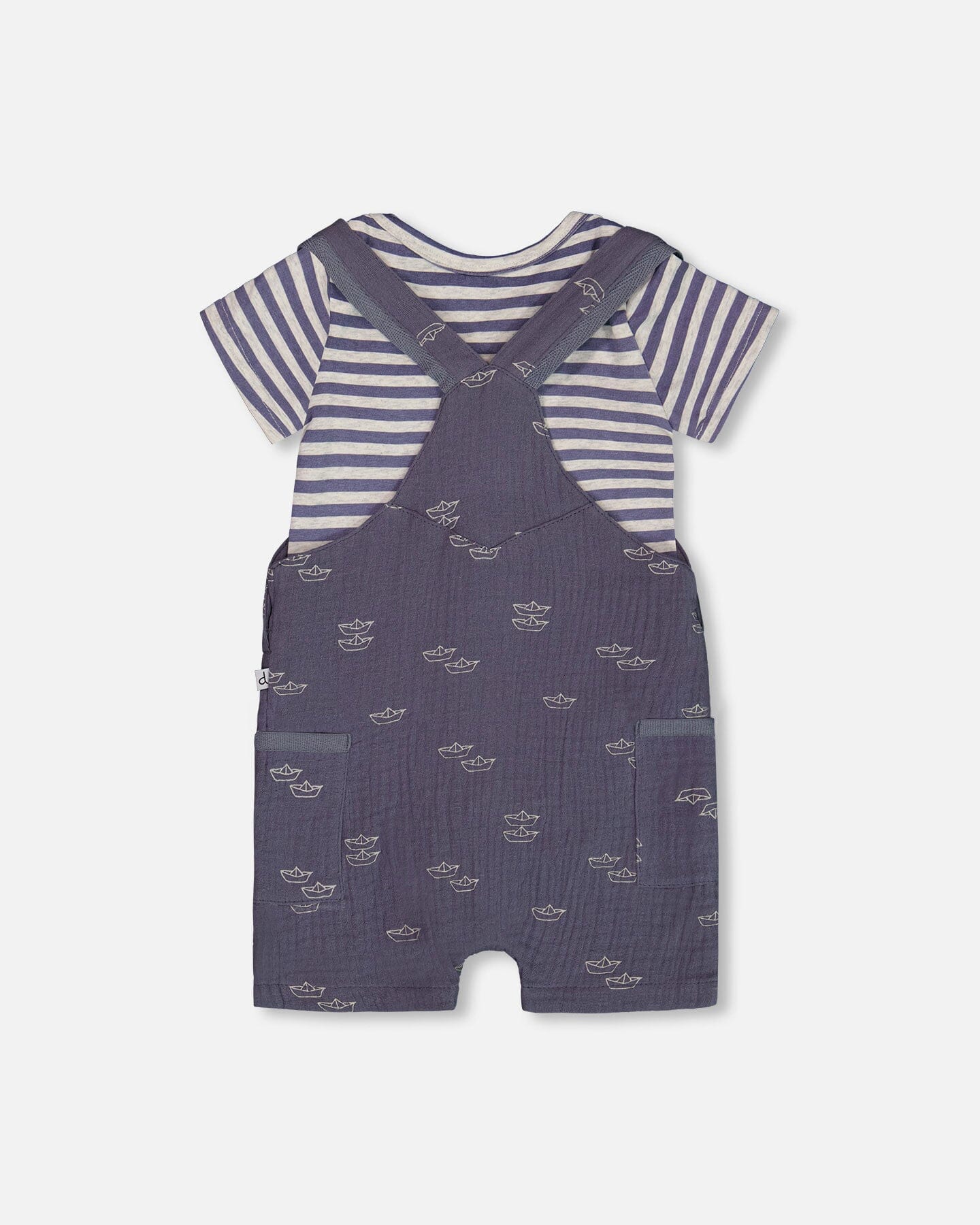Printed Organic Cotton Onesie And Muslin Shortall Set Navy Blue Paper Boats
