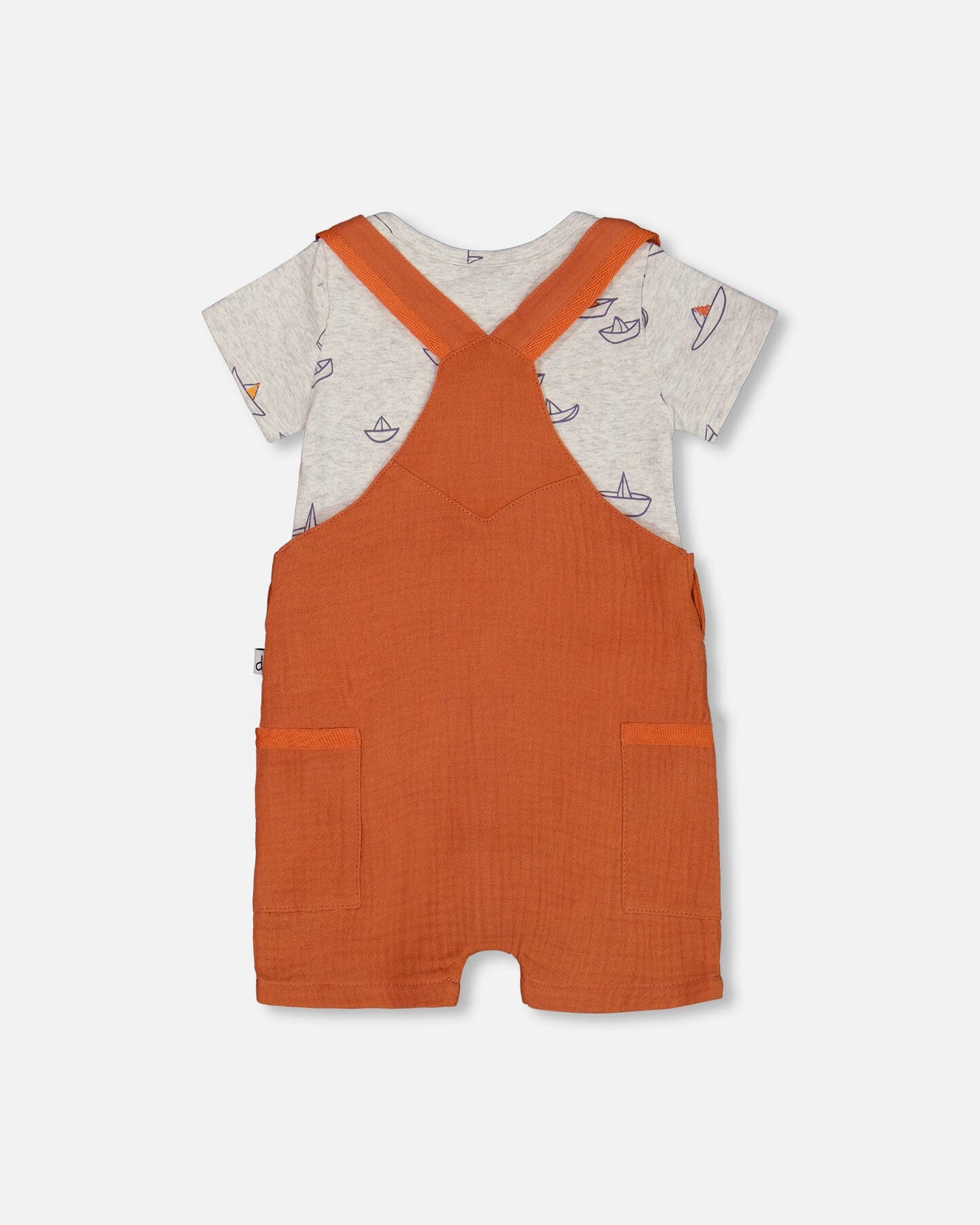 Printed Organic Cotton Onesie And Muslin Shortall Set Terracotta And Small Boats