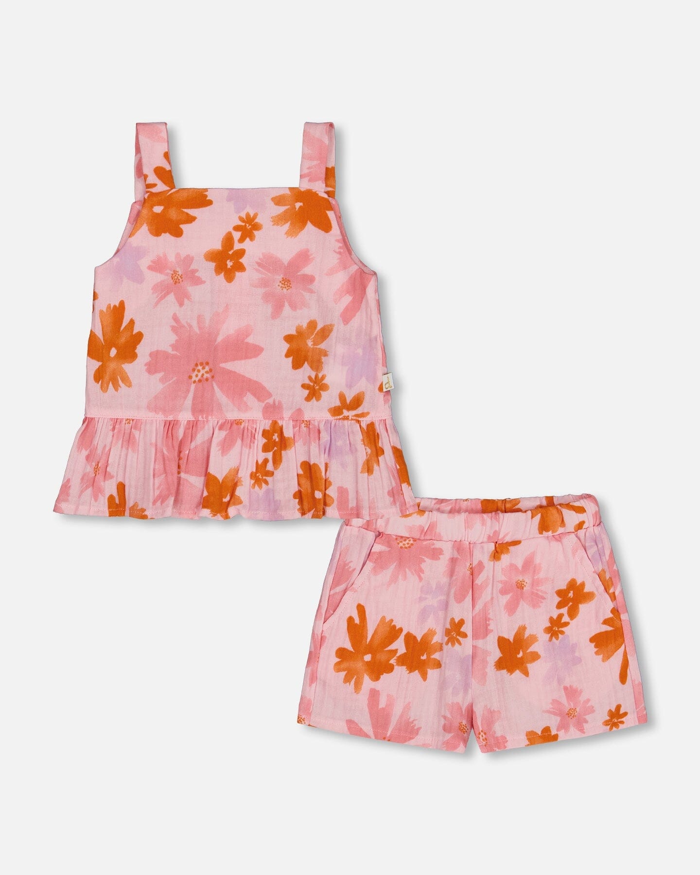 Printed Tank Top And Short Muslin Set With Frills Pink And Coral Flowers