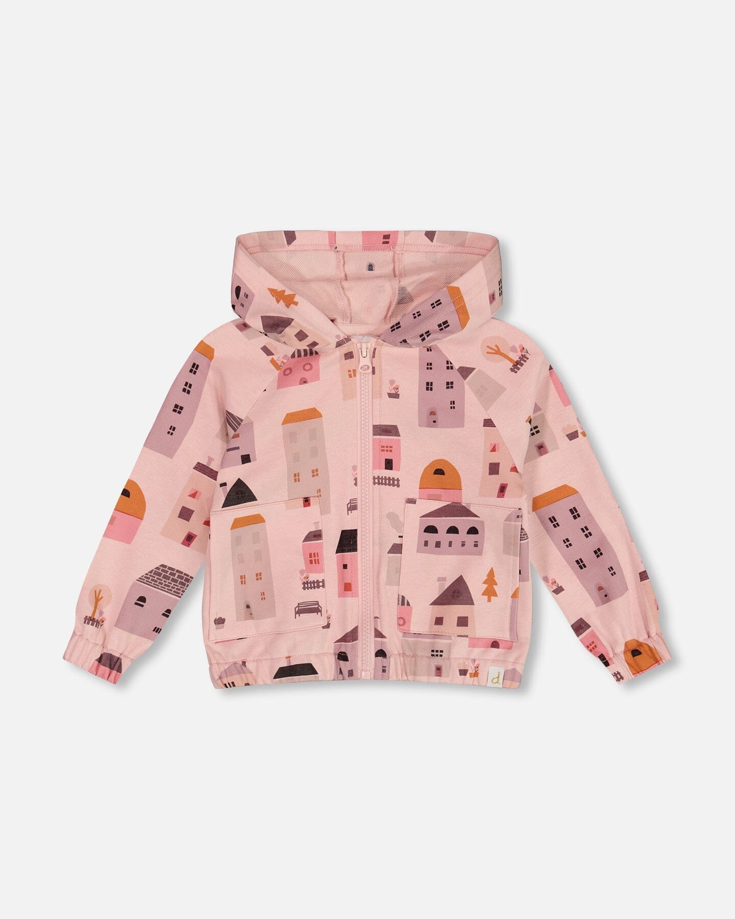 Printed French Terry Hoodie Cardigan Pink And Coral Houses