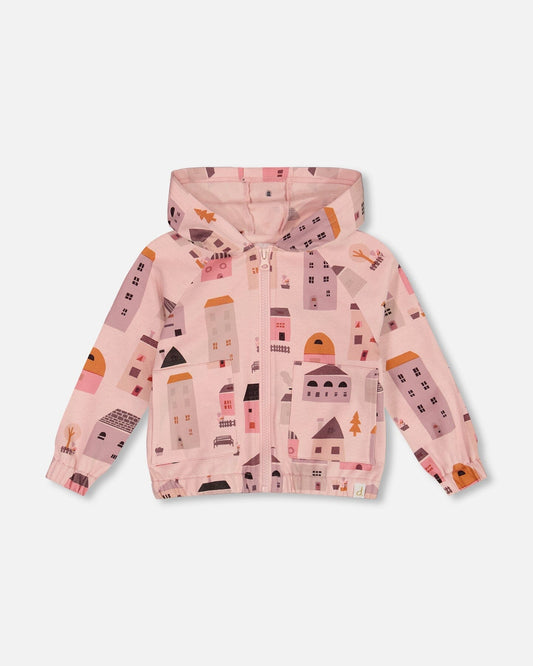 Printed French Terry Hoodie Cardigan Pink And Coral Houses