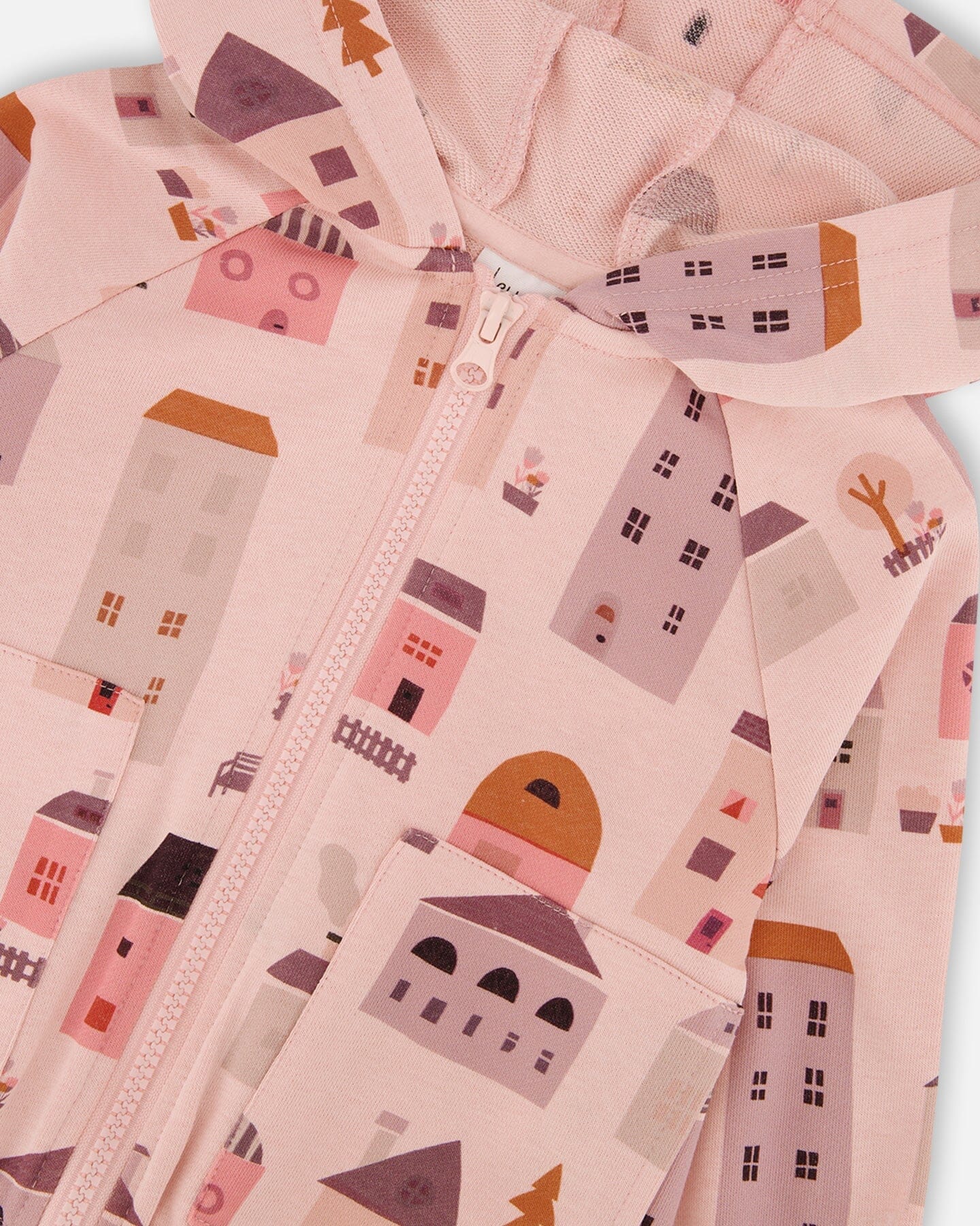 Printed French Terry Hoodie Cardigan Pink And Coral Houses