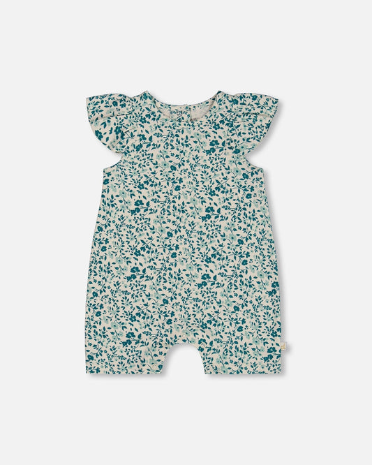 Printed Organic Cotton Romper With Frills Small Turquoise Flowers